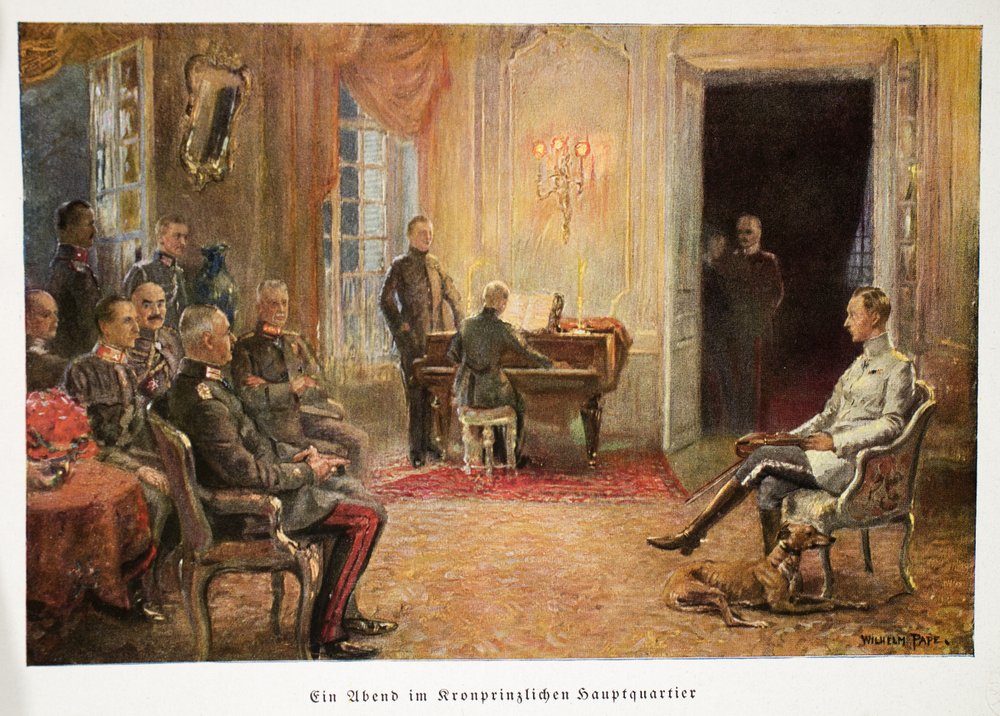 William, Tysklands kronprins, lyssnar på en pianokonsert på sitt högkvarter, pub. 1917 (litografi i färg) av William Friedrich Georg Pape