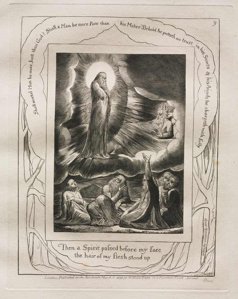 Jobs bok: Pl. 9, Då gick en Ande framför mitt ansikte, mitt kötts hår reste sig, 1825. av William Blake