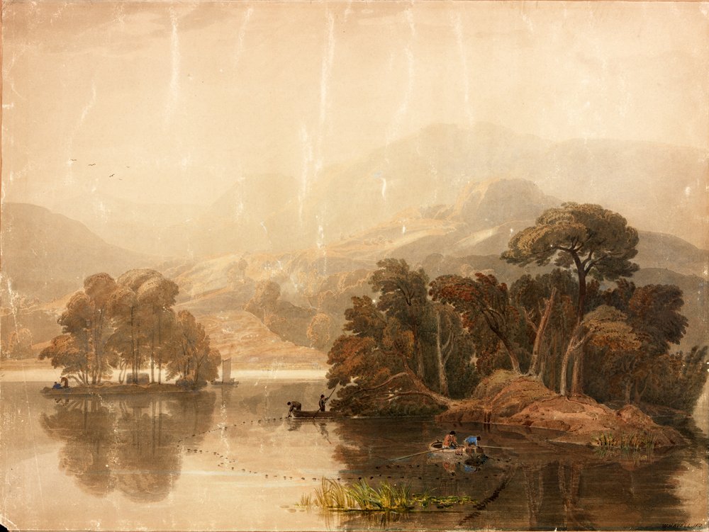 Keswick Lake (kroppsfärg och akvarell på papper (klistrad på kort)) av William Havell