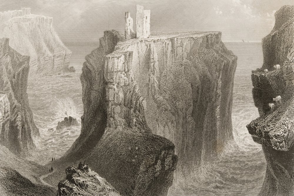 Dunseverick Castle, grevskapet Antrim, Nordirland, ur «Irlands landskap och fornlämningar» av George Virtue, 1860-talet av William Henry Bartlett