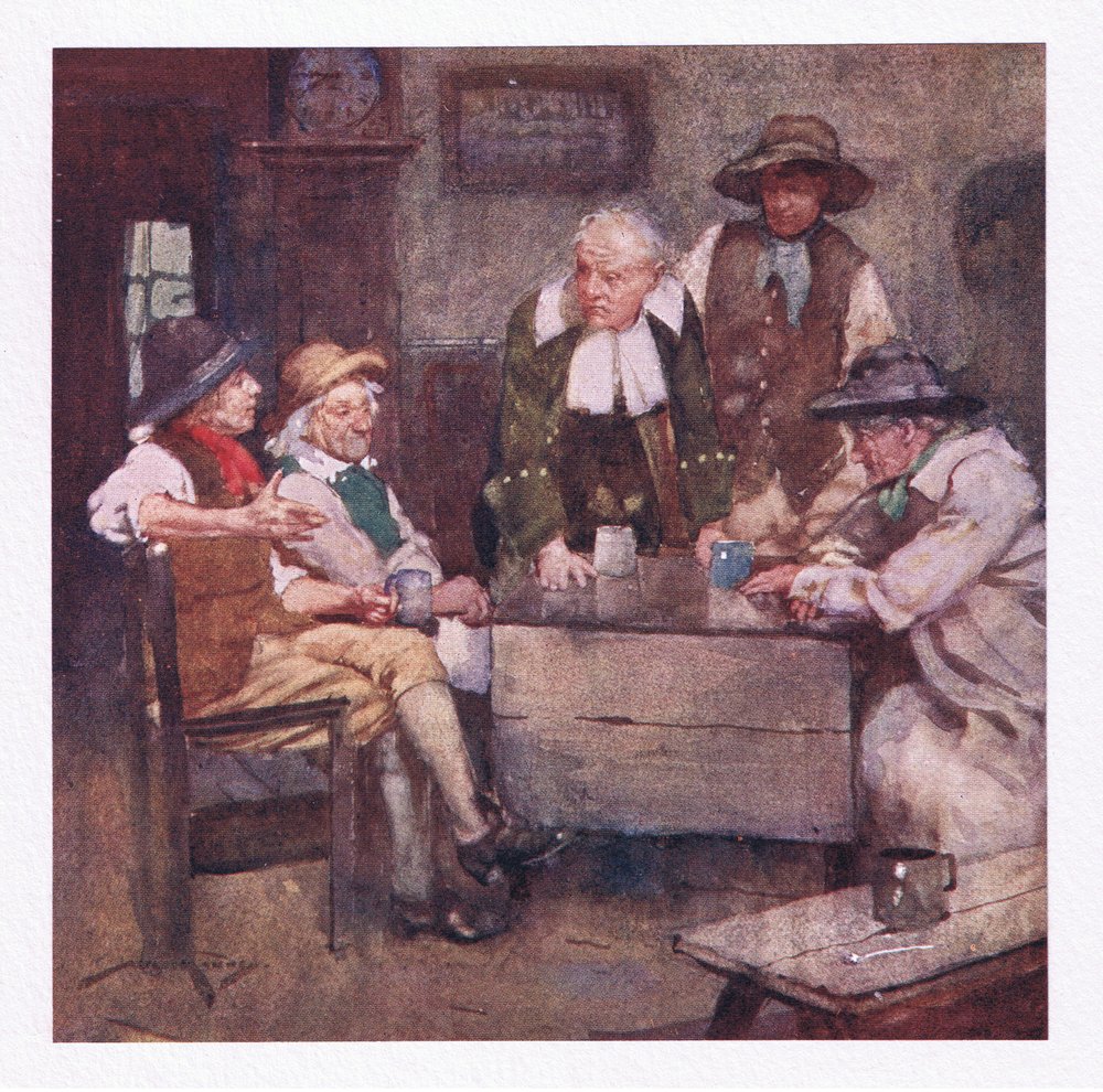 Där bystatsmän pratade med ser djupgående ut och nyheter som var mycket äldre än deras försäljning gick runt (färg litho) av William Lee Hankey