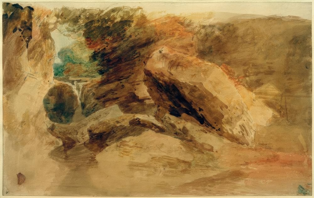 Klippor under en klippa, med en bäck som faller ner i en smal kanal av Joseph Mallord William Turner