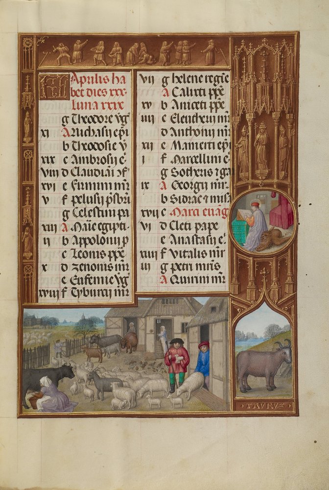 Lantbruksdjur, mjölkning och smörtillverkning; Oxens stjärntecken av Workshop of the Master of James IV of Scotland
