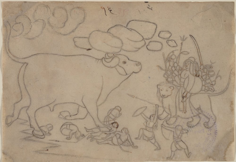 Durga konfronterar Buffalo Demon Mahisha: Scen från Devi Mahatmya, ca. 1780. av a first generation master after Nainsukh
