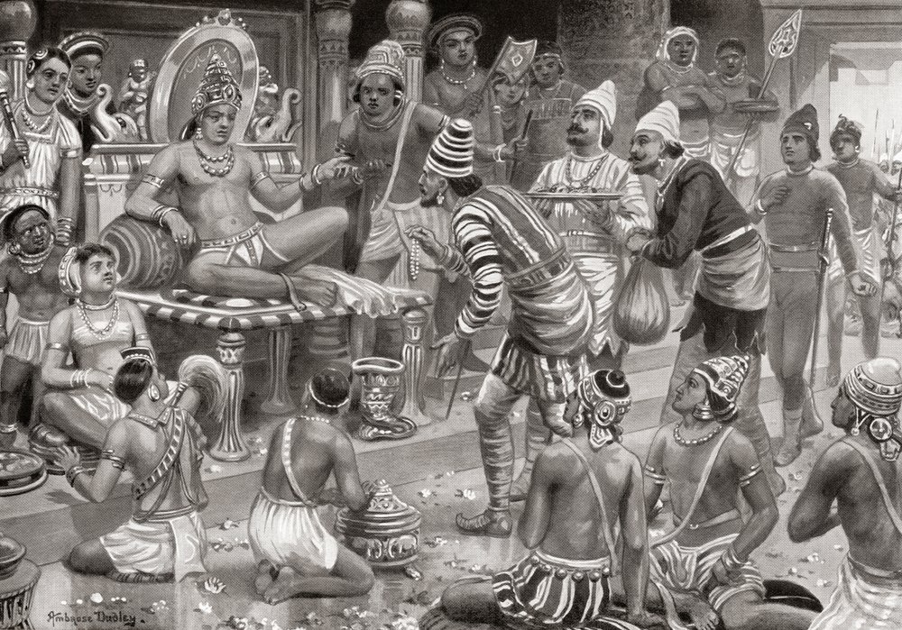 Pulakeshin II, Chalukaya, som tar emot sändebud från Persien i Badami, från Hutchinsons History of the Nations, pub.1915 av after Robert Dudley