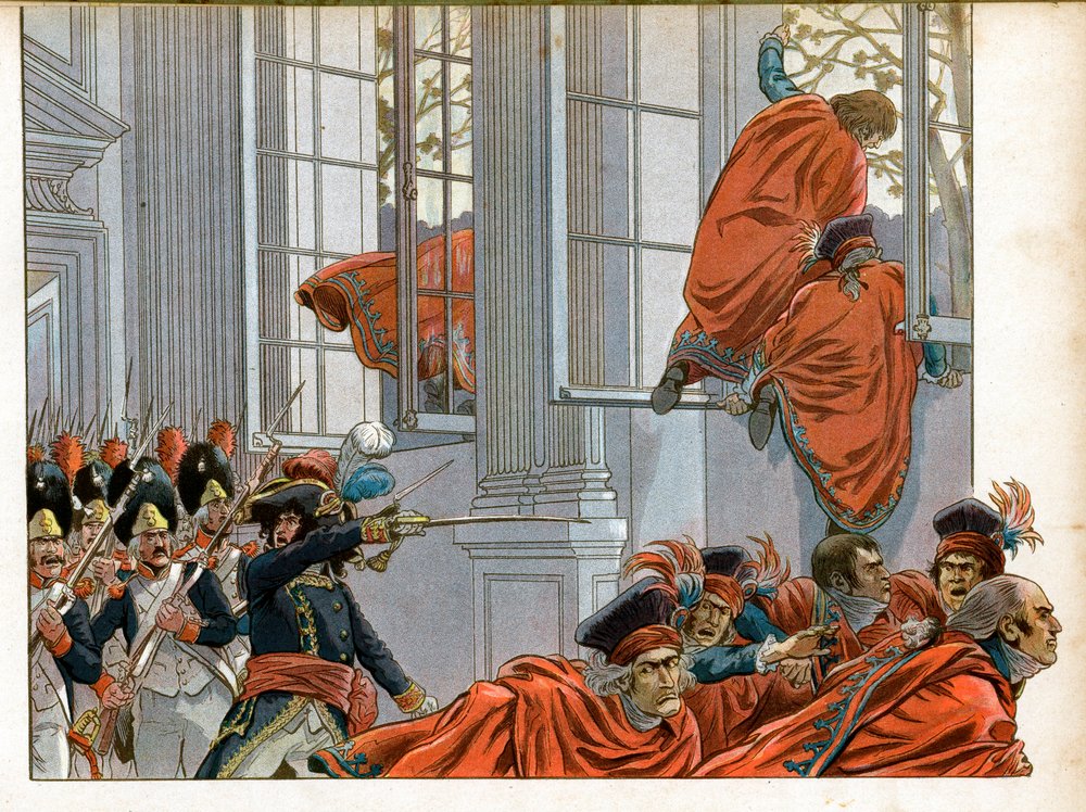 Konsulat: Joachim Murat (1767-1815) går in i Chamber of the Council of Five Cents (Five Cents) (Room of the 500) med 50 män för att driva ut senatorerna under 18-dimmans statskupp (9/11) /1799) som avslutade direktionen och födde den av pseudonym for Jacques Onfroy de Bréville Job