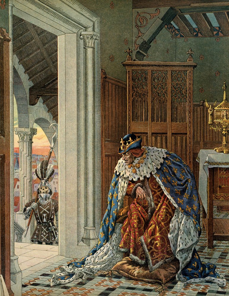 Frankrikes historia under medeltiden (medeltiden): Kungen av Frankrike Ludvig XI säger att den förståndige (1423-1483) är rädd för att döden kommer i rustning utanför dörren. Illustration av Jacques Marie Gaston Onfray de Breville dit JOB (1858-1931) av pseudonym for Jacques Onfroy de Bréville Job