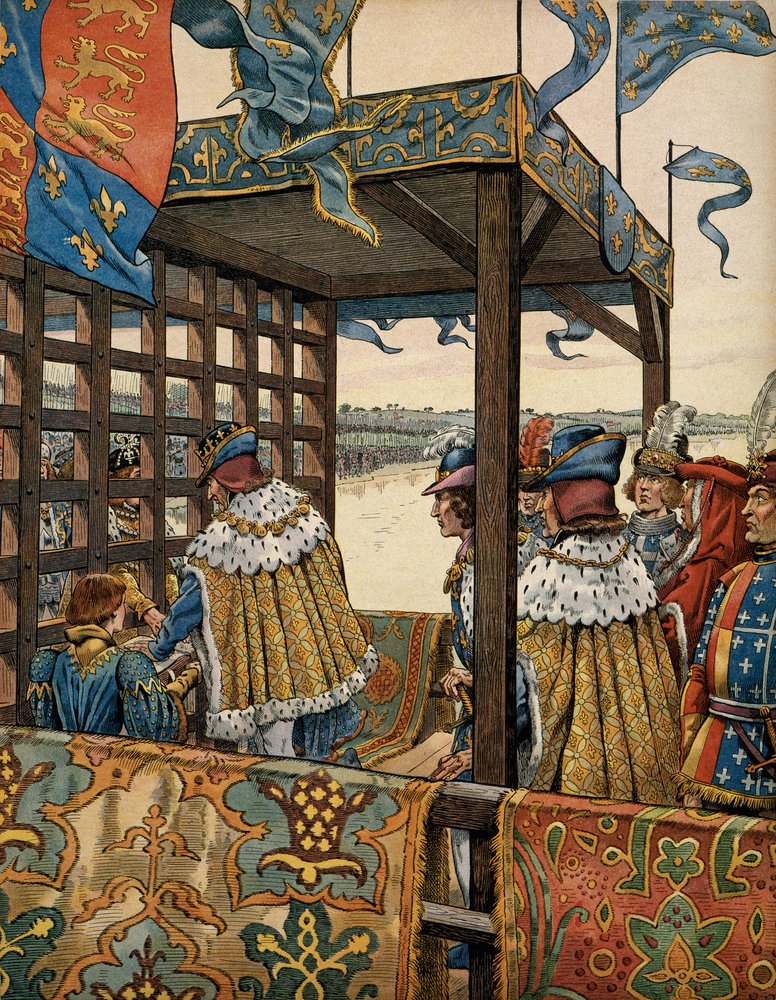 Frankrikes historia under medeltiden: möte mellan Frankrikes kung Ludvig XI, kallad den Försiktige (1423-1483), och Englands Edvard IV (1442-1483) i Picquigny för undertecknandet av en sjuårig vapenvila den 29 augusti av pseudonym for Jacques Onfroy de Bréville Job