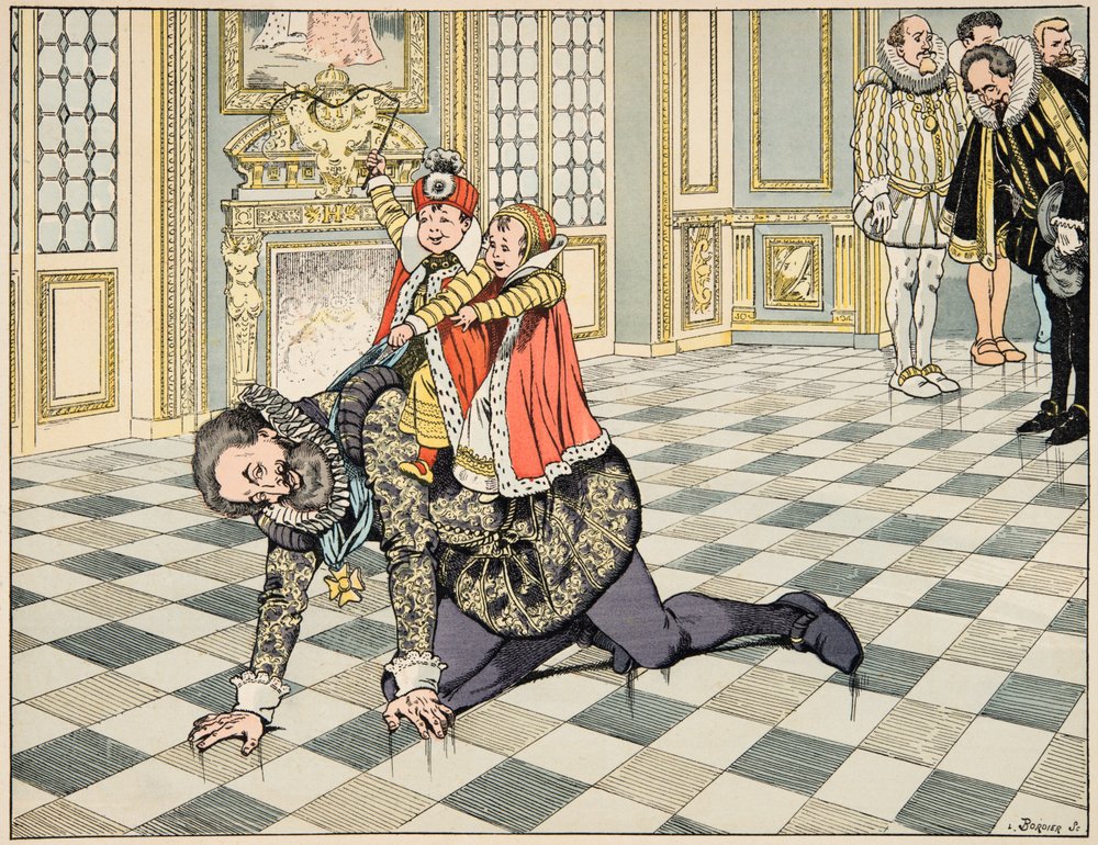 Illustration från boken "Le bon roy Henri", illustrerad av Jacques Marie Gaston Onfray de Breville dit JOB (1858-1931): Inför den spanska ambassadören leker Henri IV med sina barn - Privat samling av pseudonym for Jacques Onfroy de Bréville Job