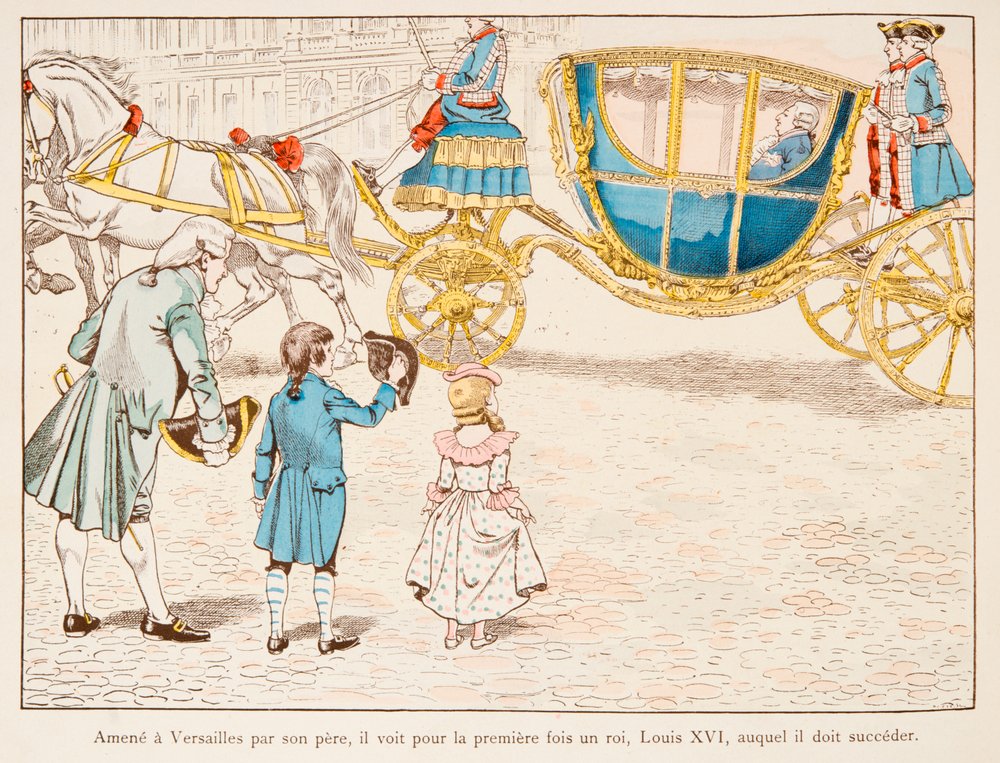 Jacques Marie Gaston Onfroy de Breville dit JOB (1858-1931) - Napoleon Bonaparte förd till Versailles av sin far träffar kung Ludvig XVI i Carossus för första gången 1770, Privat samling av pseudonym for Jacques Onfroy de Bréville Job