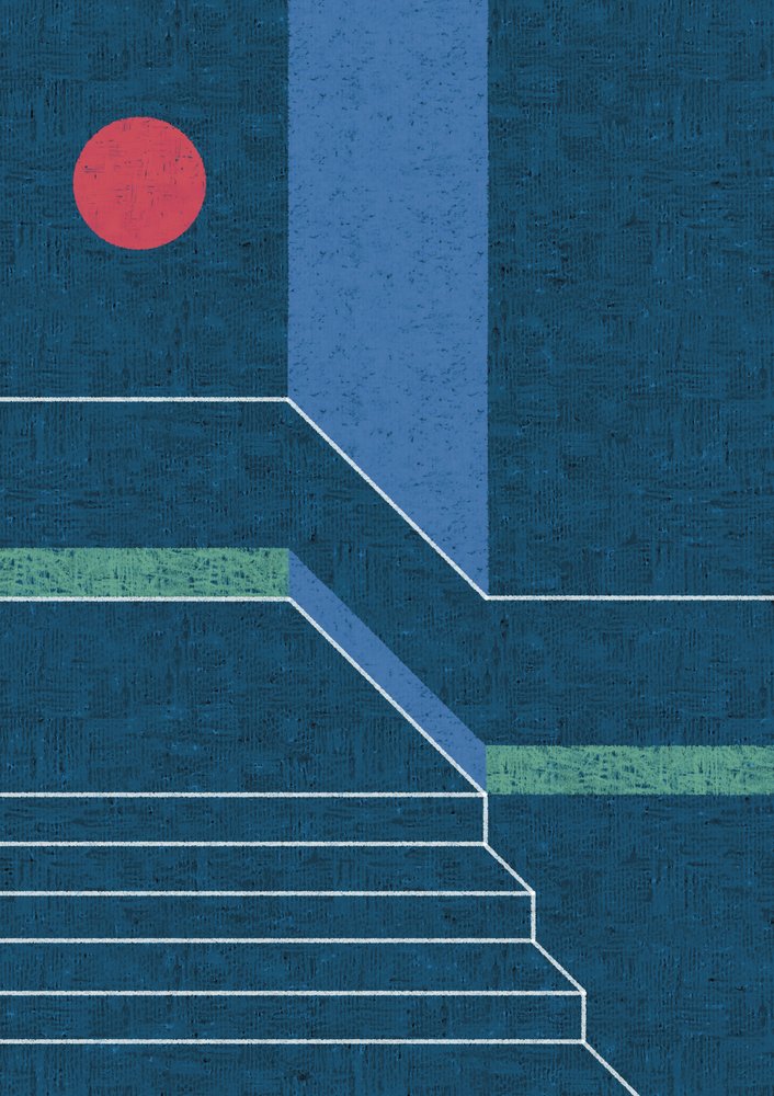 Röd cirkel, blå trappsteg av Amy Louise Baker