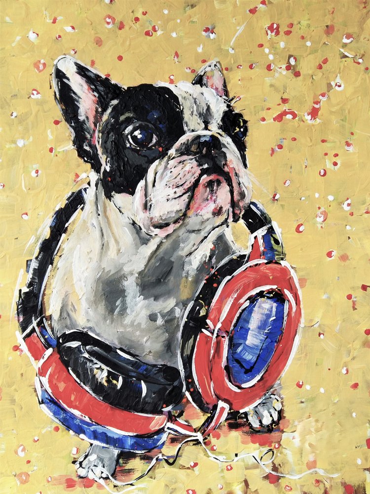 Frenchie med hörlurar av Anda Bieza