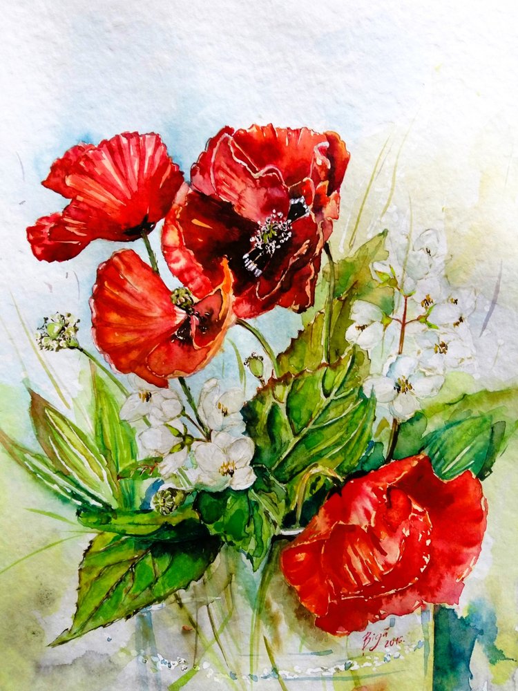 En bukett med klockblommor i intensivt rött av Anda Bieza