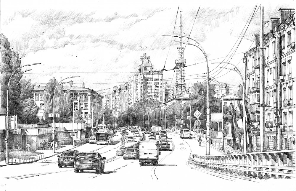 Skiss av en livlig stadsgata av Andrii Kutsachenko