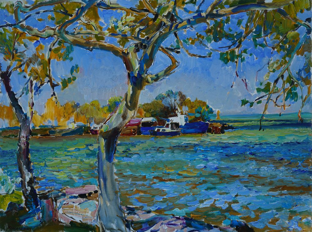 Sunny Riverbank Boats av Andrii Kutsachenko