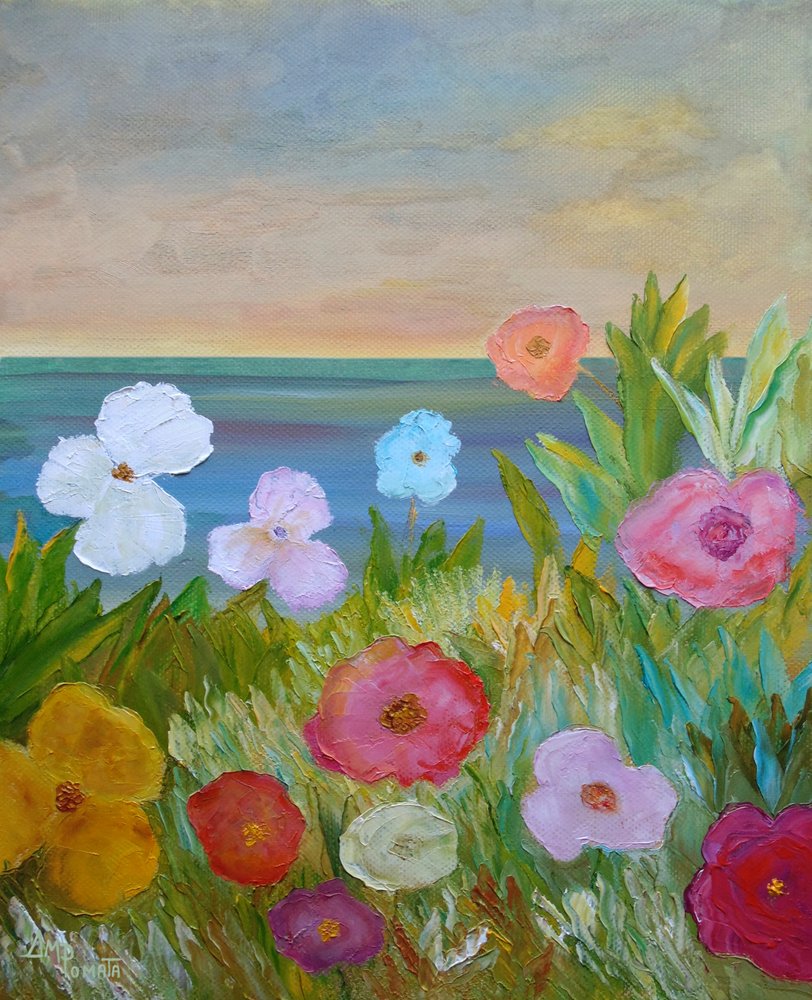 Färgglada blommor och havsutsikt av Angeles M. Pomata