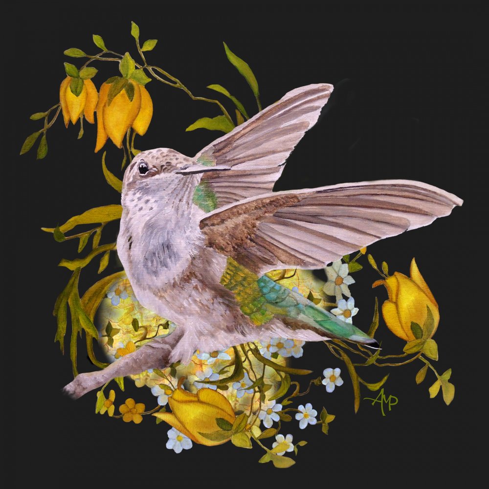 Elegant kolibri med blommor av Angeles M. Pomata