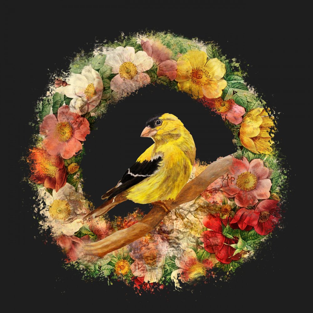 Blomsterkrans med guldfinkar av Angeles M. Pomata