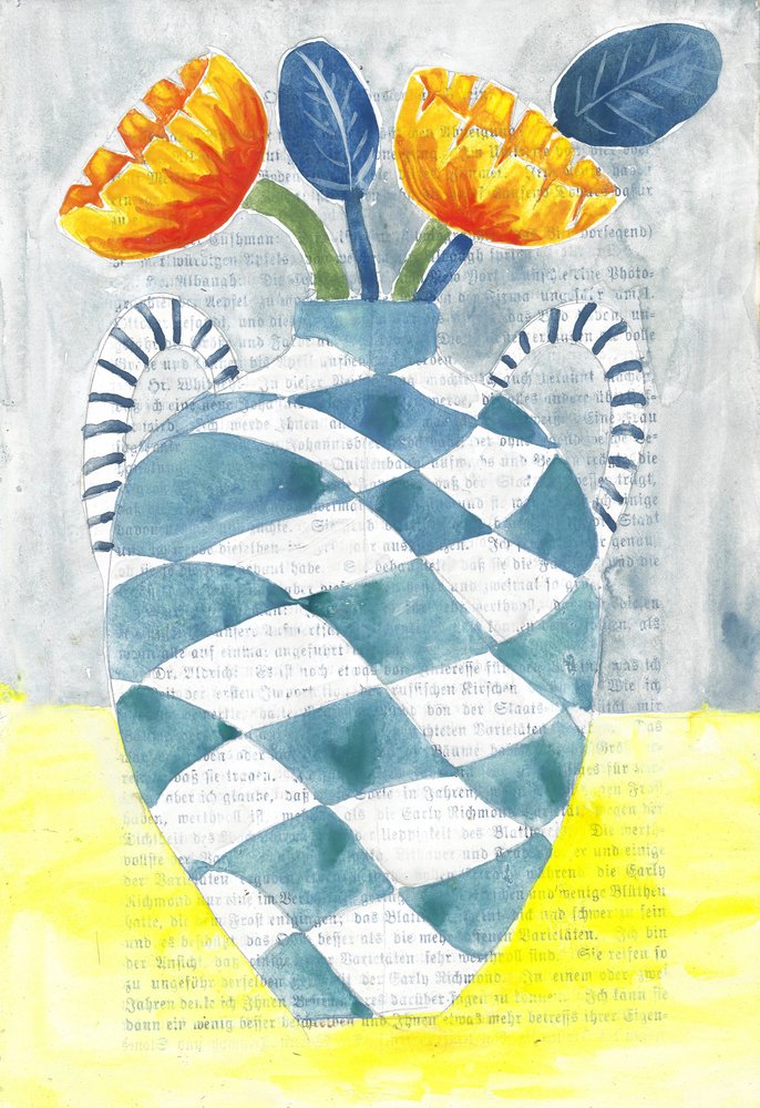 Rutig vas med orange blommor av Annick
