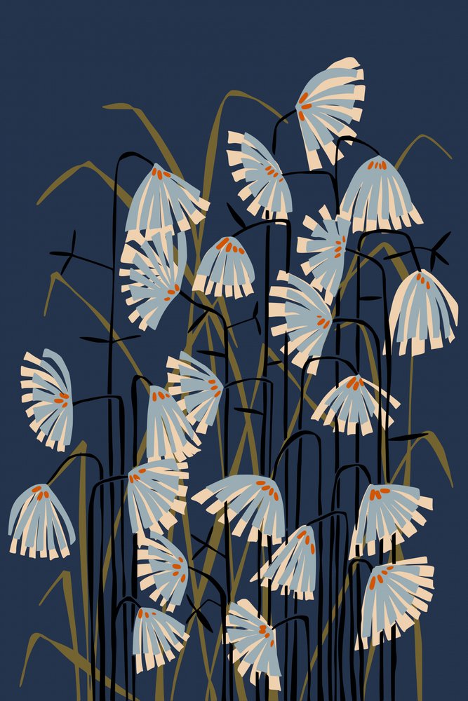 Stiliserade blommor i marinblått av Annick