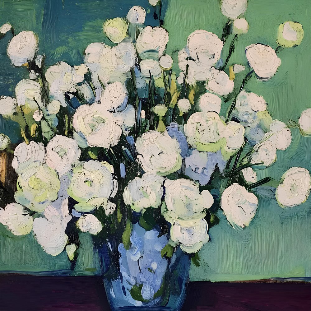 Vita blommor i blå vas av Avanesova Elena