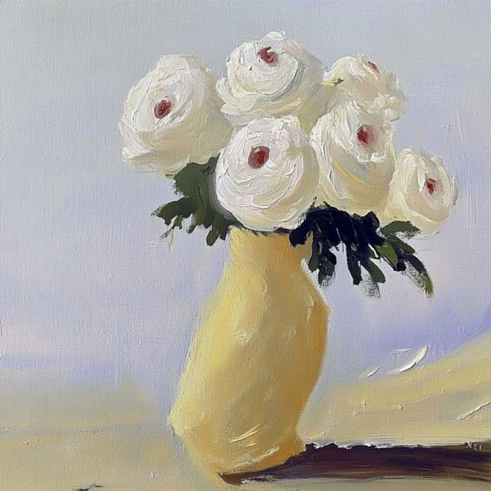 Vita blommor i gul vas av Avanesova Elena
