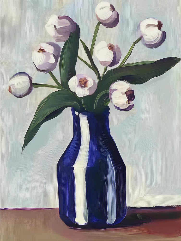 Vita blommor i blå vas av Avanesova Elena