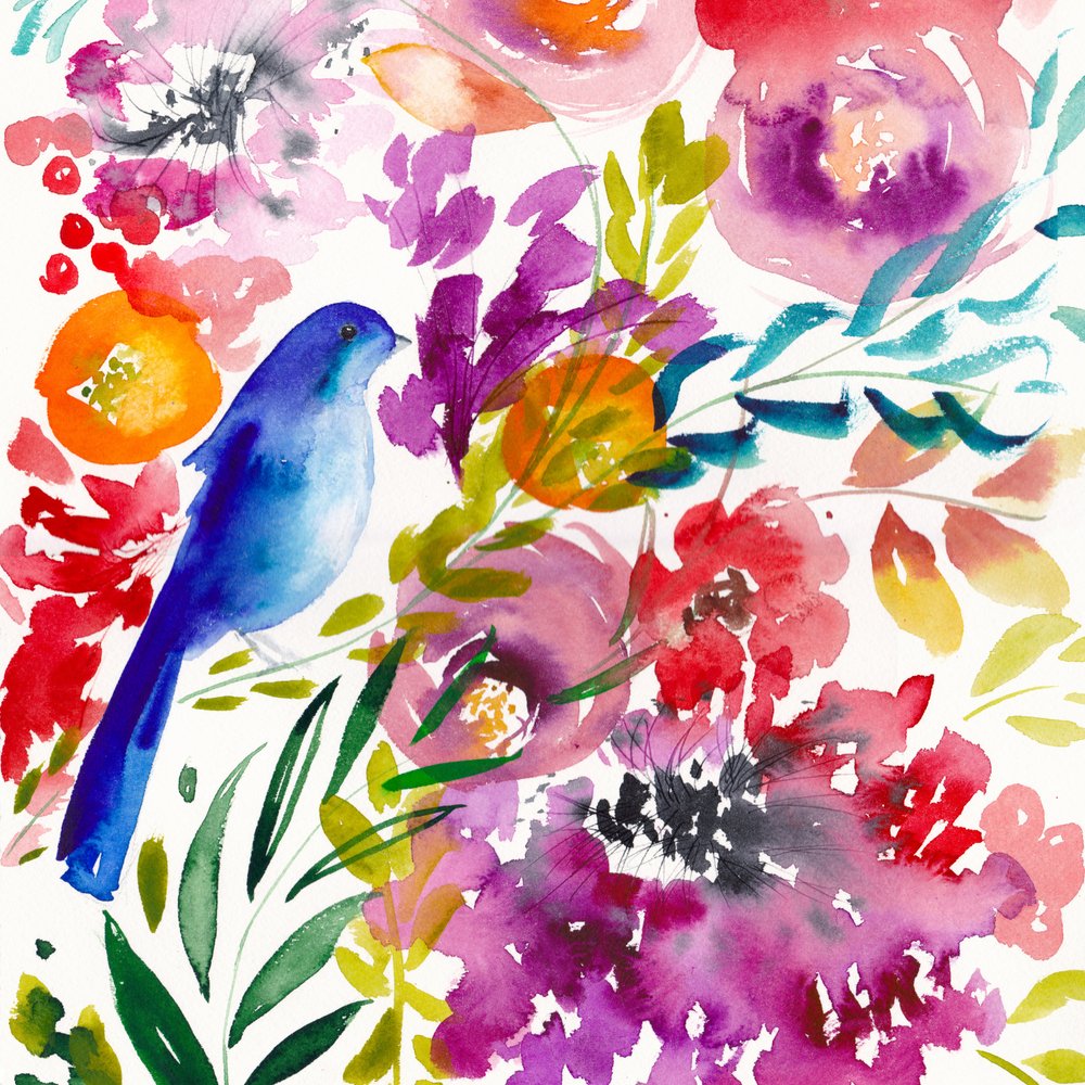 Färgstark blommig fågel av Christine Lindstrom