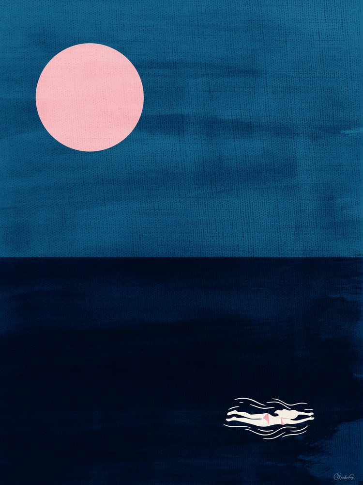 Midnight Swim – Pink Moon – Abstrakt konsttryck med havsmotiv av Claudia Spano'