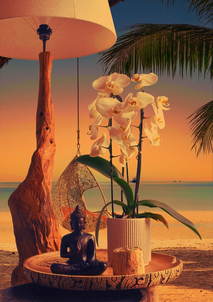 Orkidé, Buddha, strand och solnedgång av CosmoZach