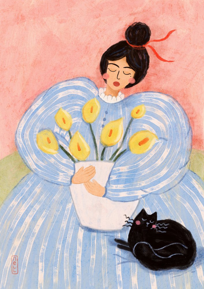 Kvinna med blommor och katt av Dirkie Nell
