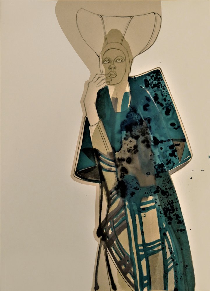 Elegant modefigur i blågrönt av Doris Schmitz