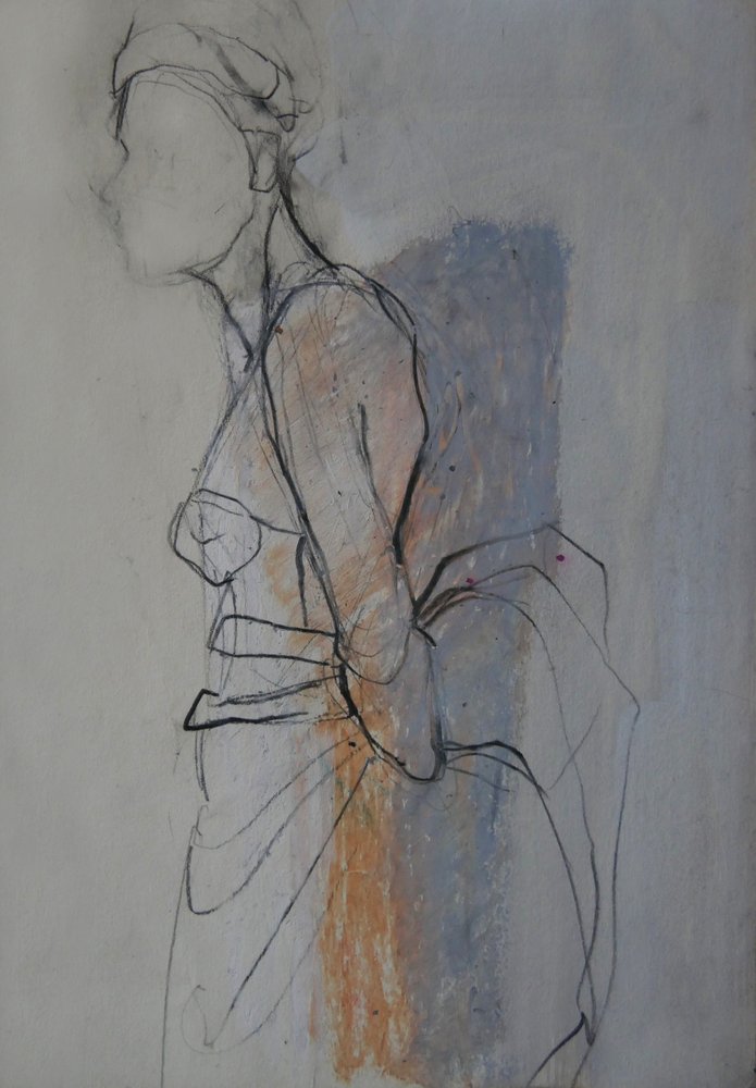 Skiss av en graciöst draperad figur av Doris Schmitz