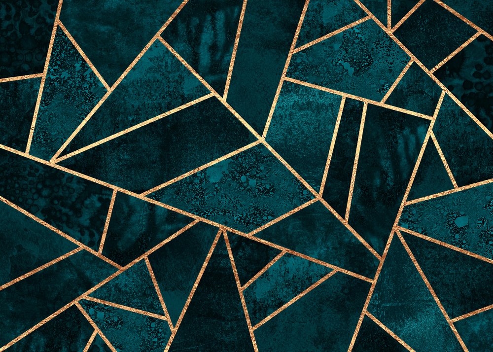Geometrisk mosaik i turkos och guld av Elisabeth Fredriksson