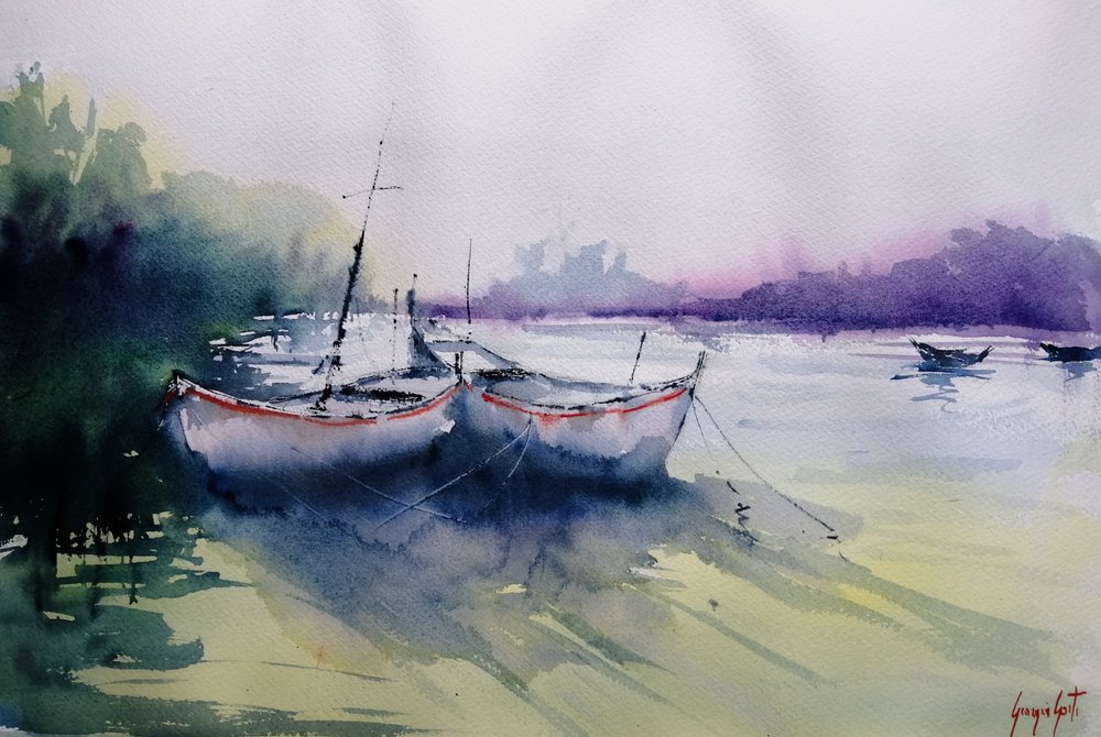 Misty Morning-båtar av Giorgio Gosti