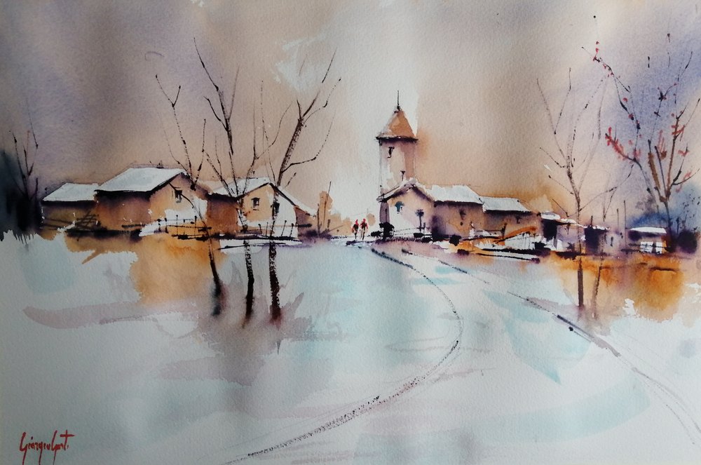 Kyrkan i Snowy Village av Giorgio Gosti
