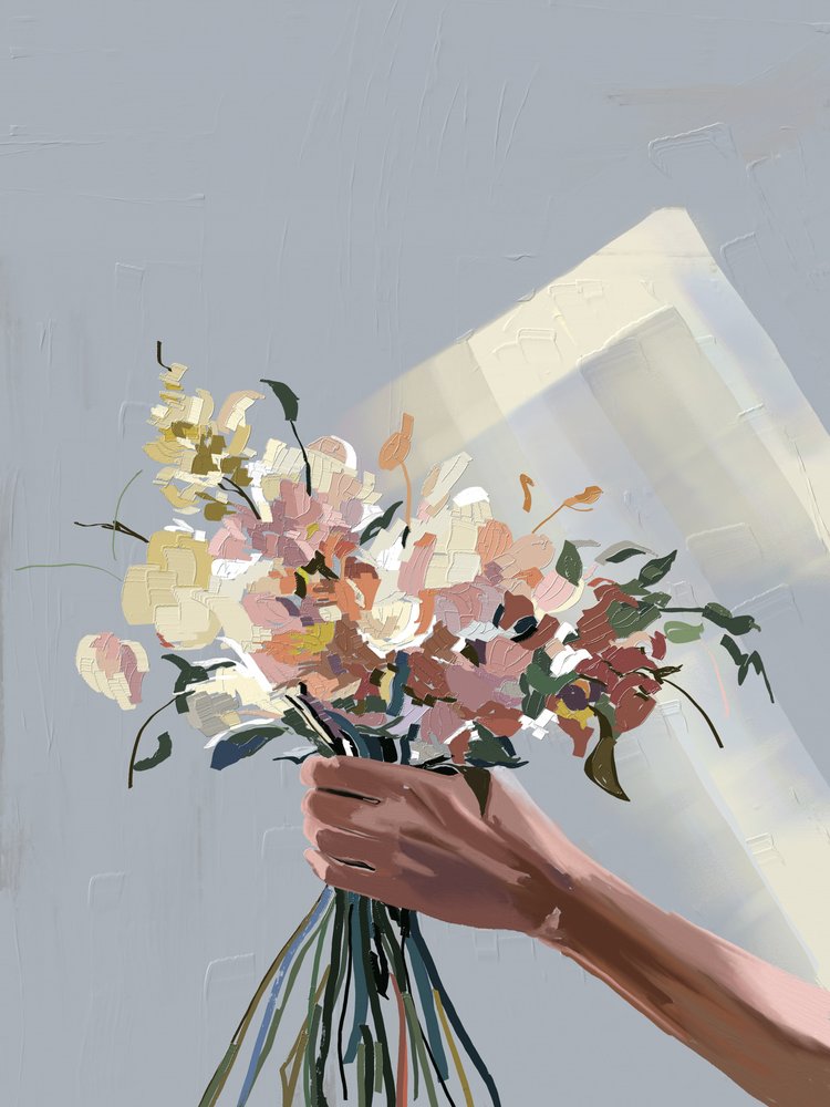 Hand som håller pastellfärgade blommor av Jenna Alheit