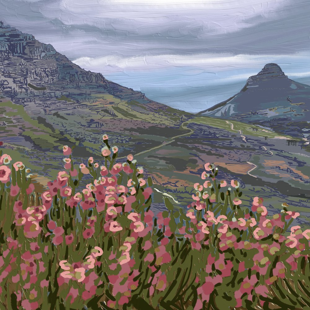 Rosa blommor och utsikt över bergen av Jenna Alheit