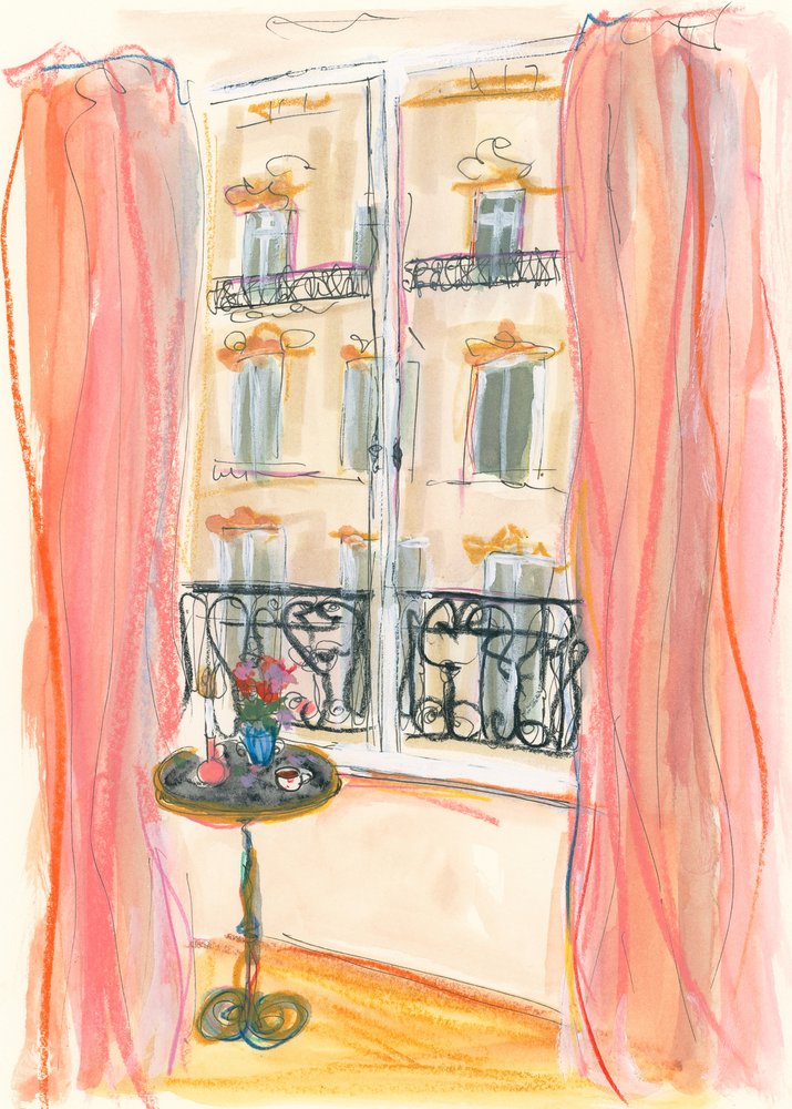 Illustration av utsikten från ett fönster i Paris av Katharina Puritscher
