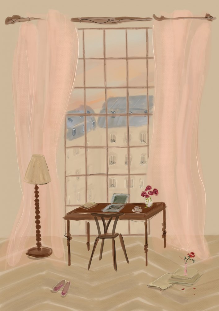 Illustration av utsikt från ett fönster i Paris med ett rustikt skrivbord av Katharina Puritscher