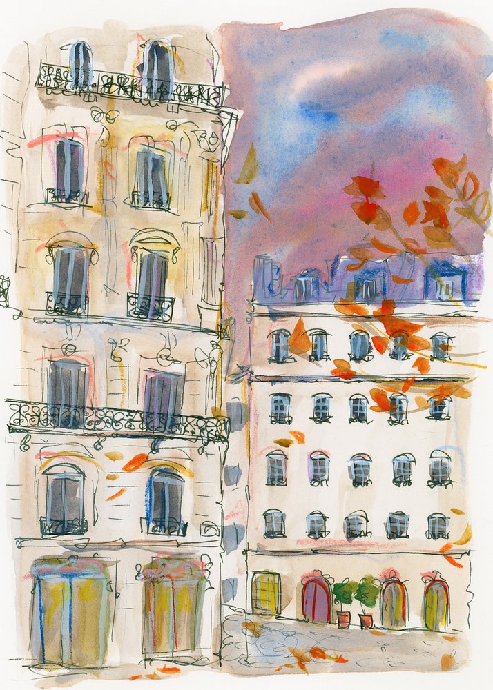 Ett gathörn i Paris med lila himmel av Katharina Puritscher