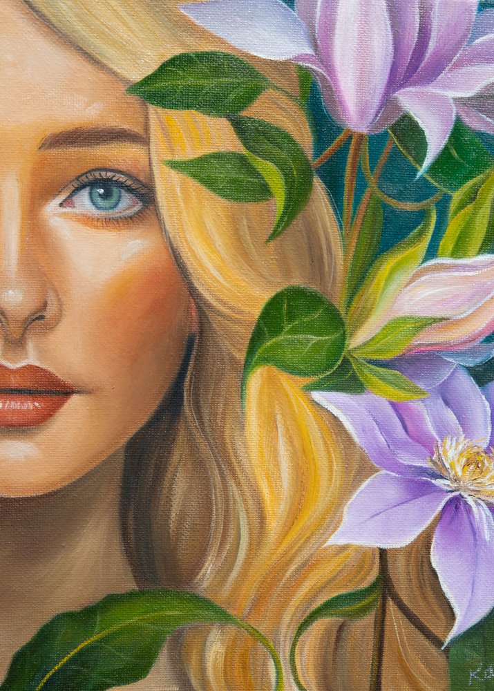 Blont blommigt porträtt av Kay Shanley
