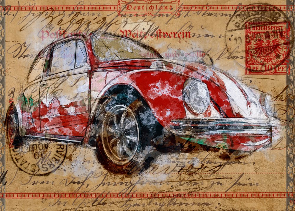 Vykort med klassisk Beetle av Lembayung senja studio [Vintage Poster]
