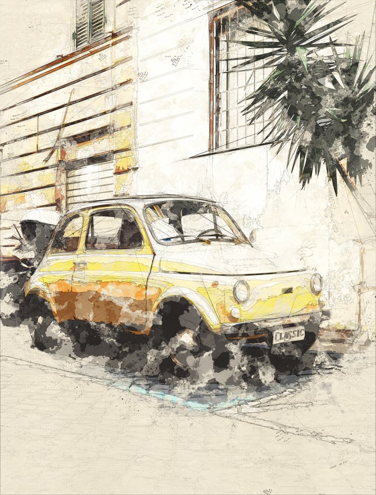 Klassisk gul Fiat av Lembayung senja studio [Vintage Poster]
