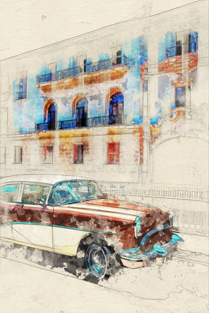 Skiss av en klassisk bil i Havanna av Lembayung senja studio [Vintage Poster]