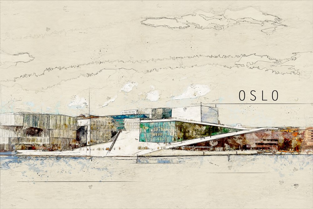 Skiss av Operahuset i Oslo av Lembayung senja studio [Vintage Poster]