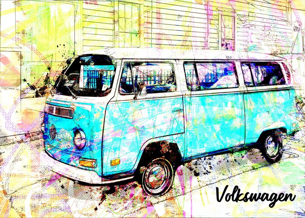 En färgstark retrobuss av Lembayung senja studio [Vintage Poster]