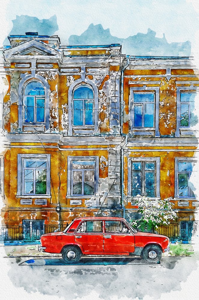 Byggnaden i Vintage Car City av Lembayung senja studio [Vintage Poster]