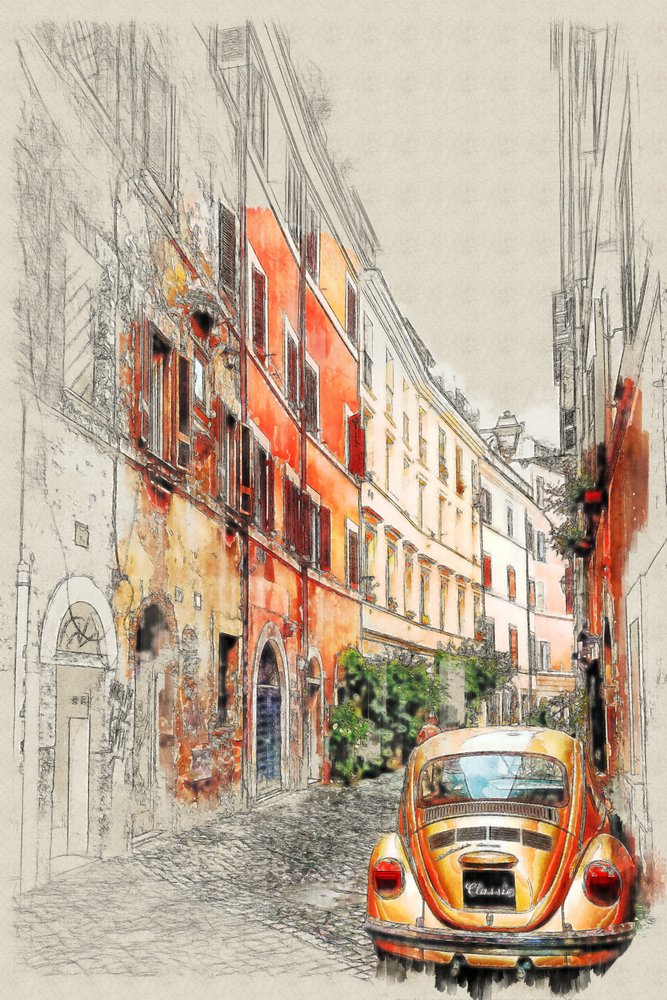 Skiss av Vintage Car City av Lembayung senja studio [Vintage Poster]