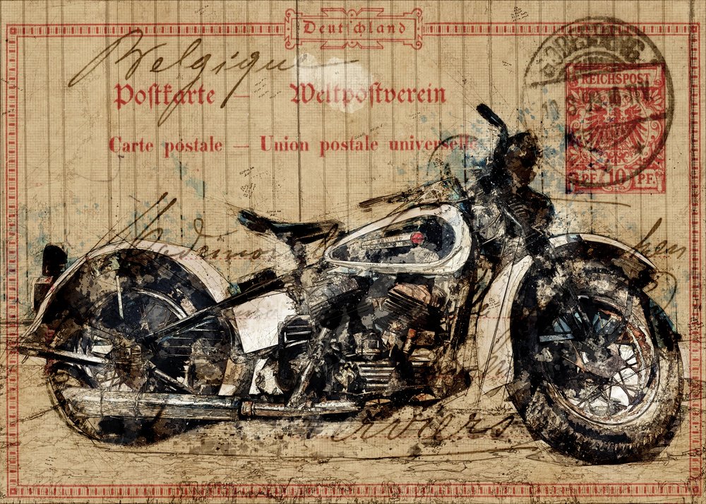 Vintage-vykort med motorcykelmotiv av Lembayung senja studio [Vintage Poster]